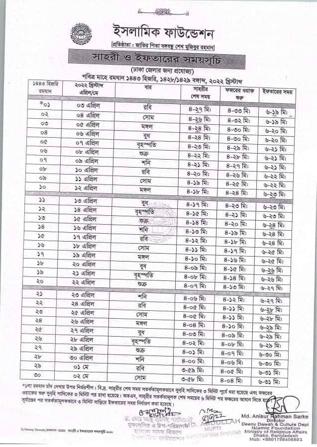 Sehri & Iftar Schedule 2022 published Islamic Foundation Bangladesh Download