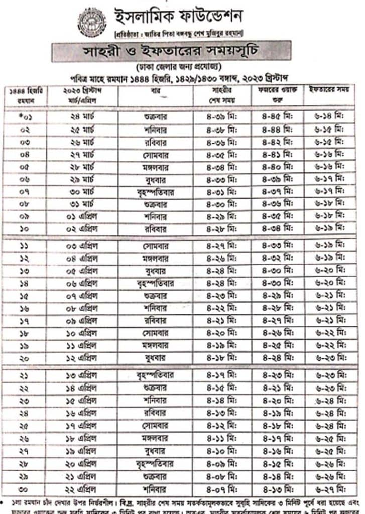 Sehri & Iftar Schedule 2023 published Islamic Foundation Bangladesh Calendar Download