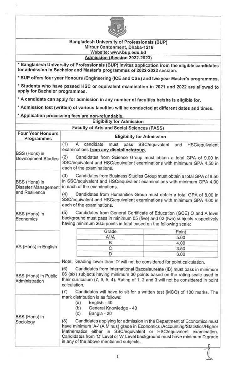 Bangladesh University of Professionals BUP Admission Result 2022-2023