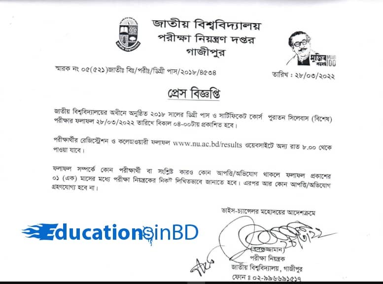 National University Degree Pass and Certificate Course (Old Syllabus) Exam Result 2018
