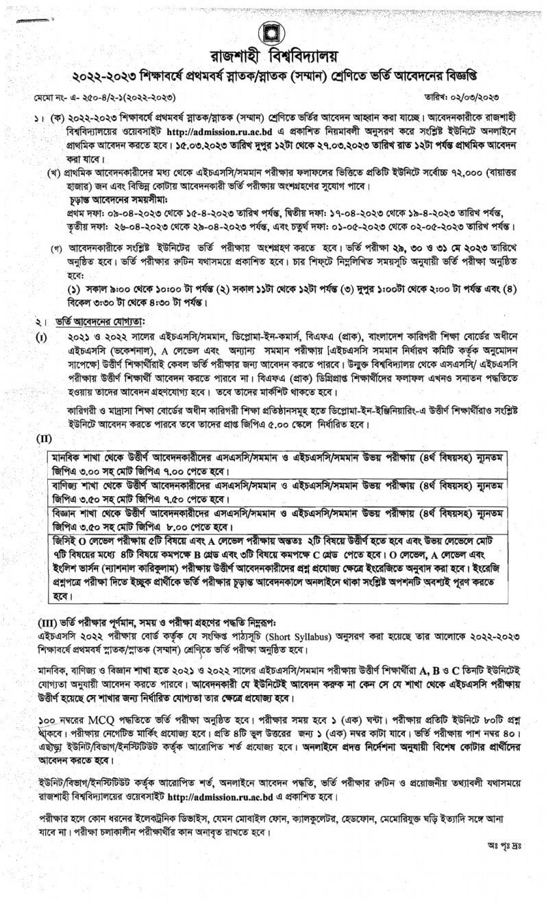Rajshahi University Admission Result 2022-2023 Session Download