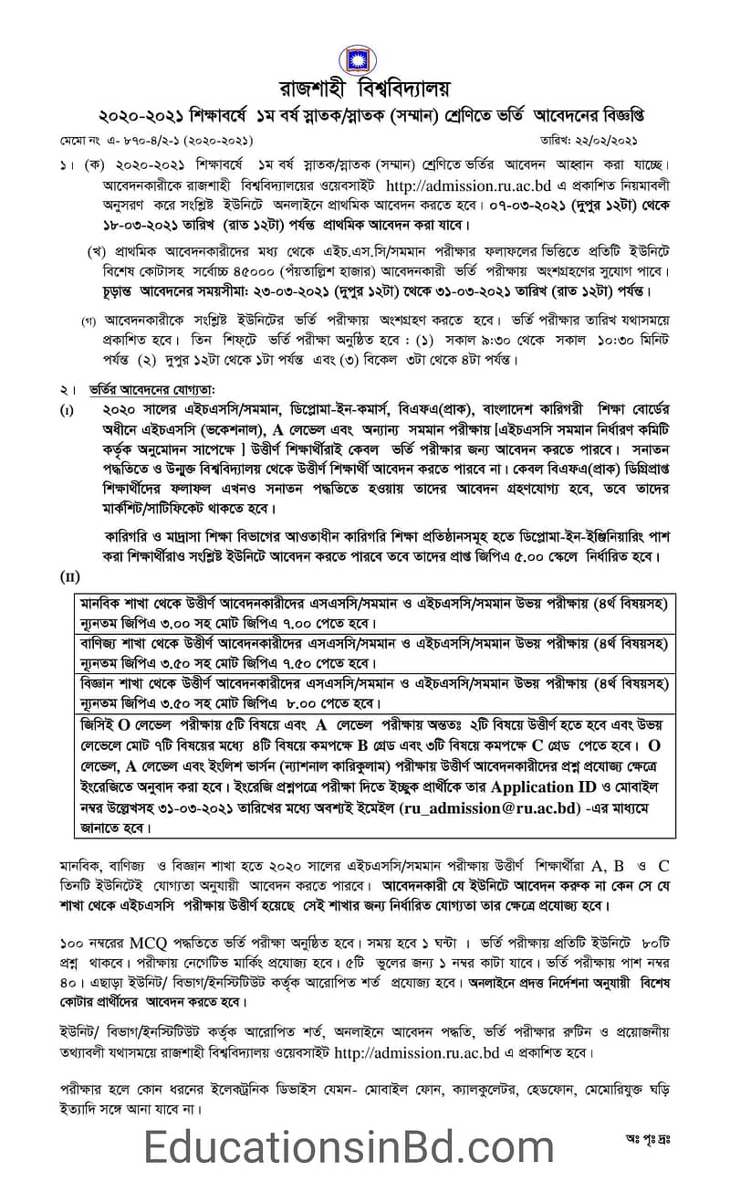 Rajshahi University Admission Test Result 2020-2021 Session Download