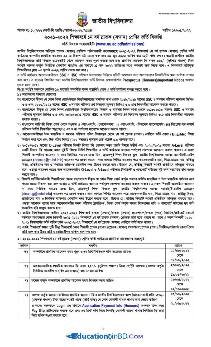 National University NU Honours 1st Year Admission Guidelines 2022