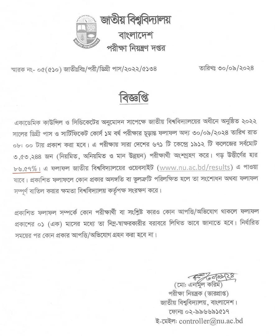 NU Degree 1st Year Exam Result 2025 nuacbd